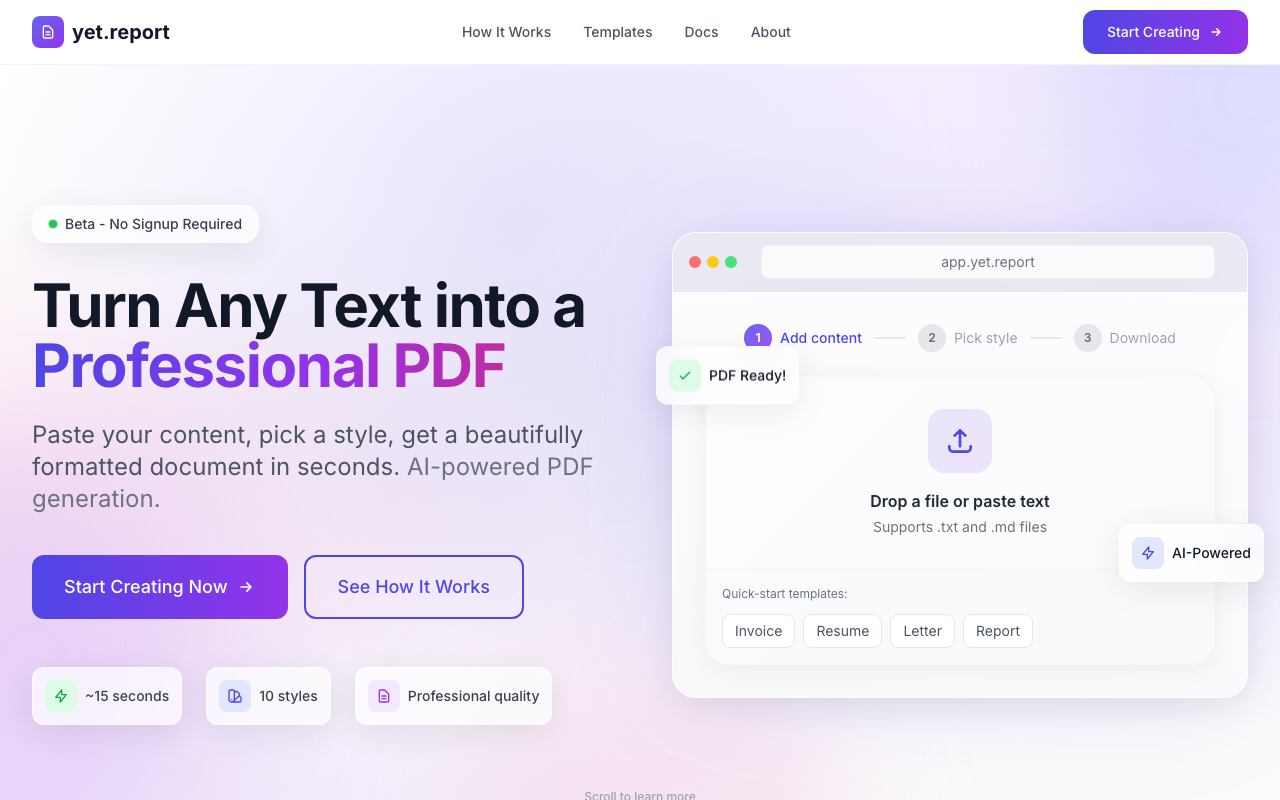 Screenshot of yet.report